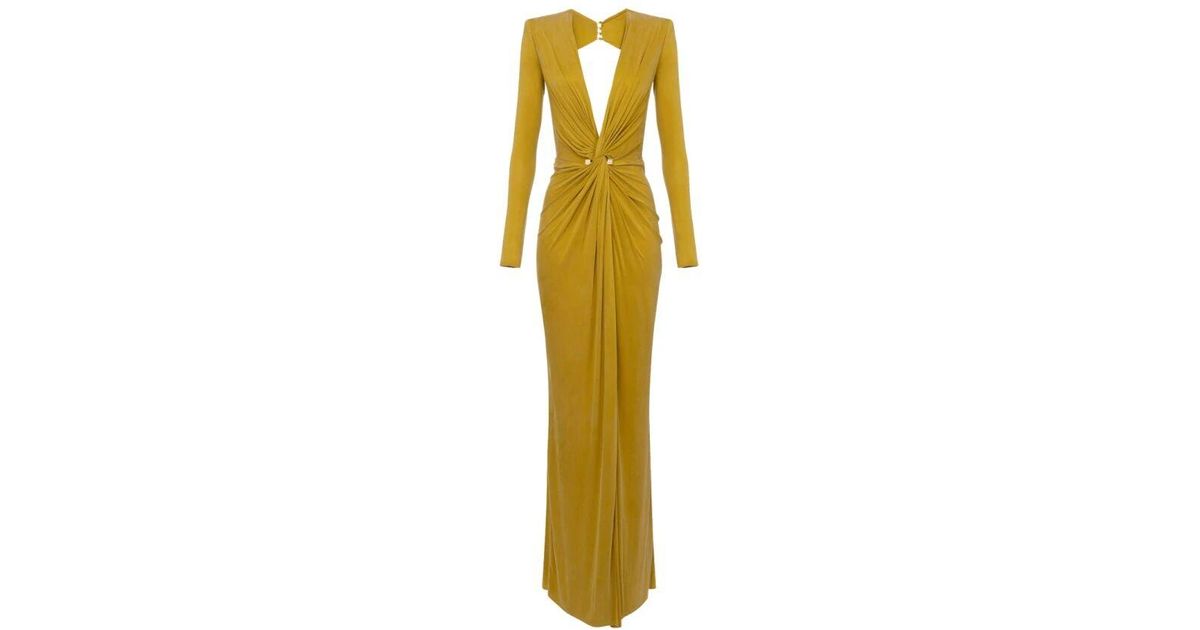 パーティードレス Elisabetta Franchi Draped Yellow Evening Dress With Deep Elisabetta Franchi Draped Yellow Evening Dress With Deep V
