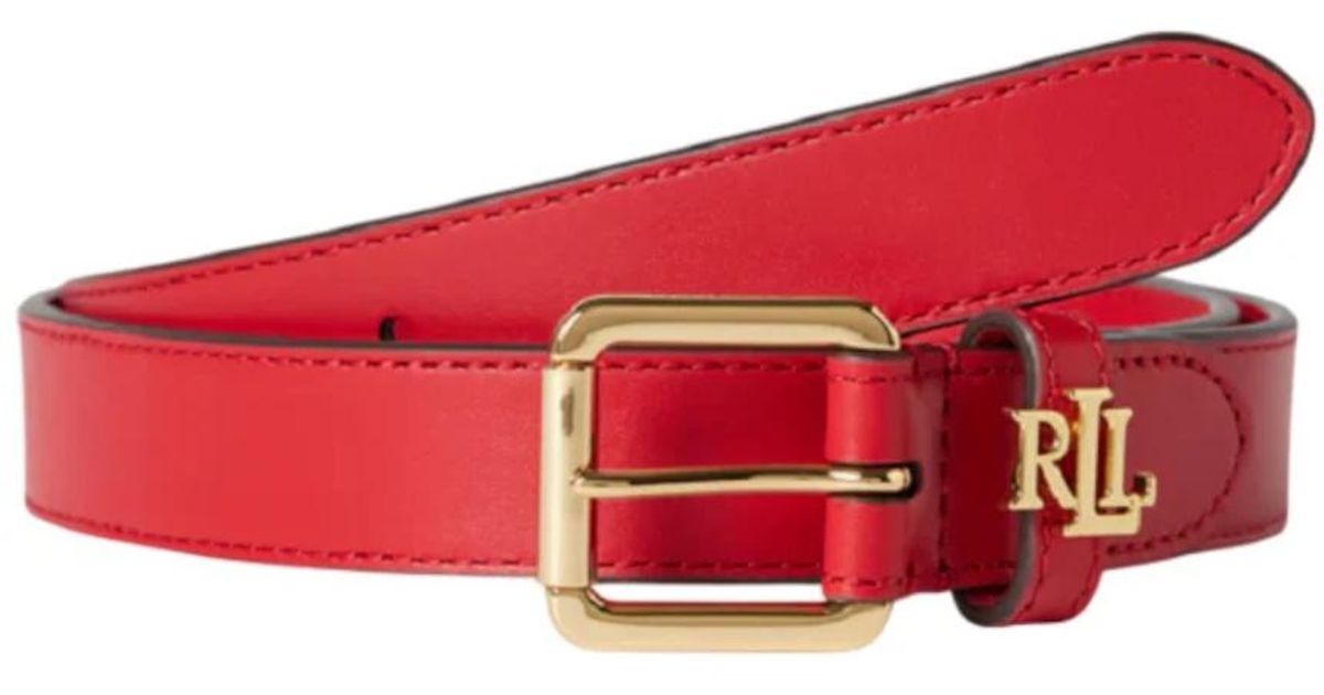 Lauren Ralph Lauren Red Leather Belt Gold Buckle Logo Charm 42” Buy Elegant Gold Buckle Dress Belt Burgundy Red Leather  main image 3