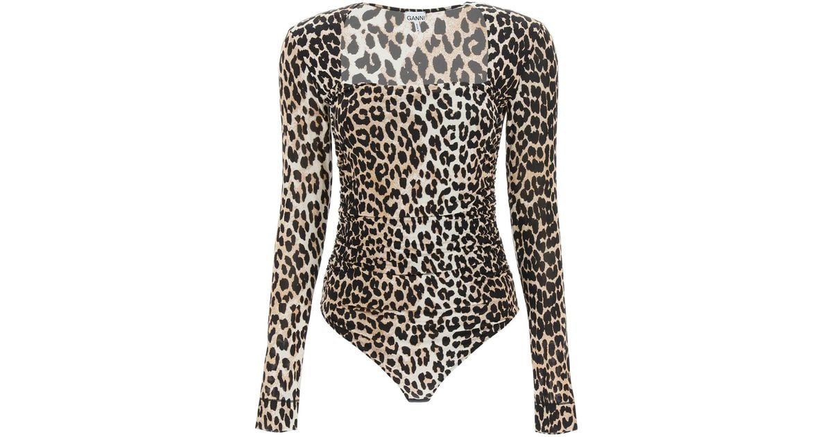 Ganni Synthetic Leopard Print Bodysuit in Black | Lyst