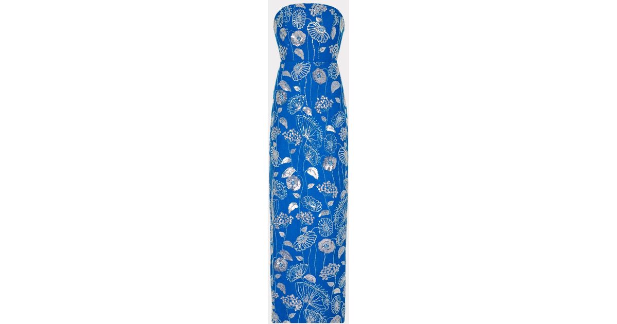 flowers of spain linen dress in blue & white milly Orion Sequin Embellished The dress is made