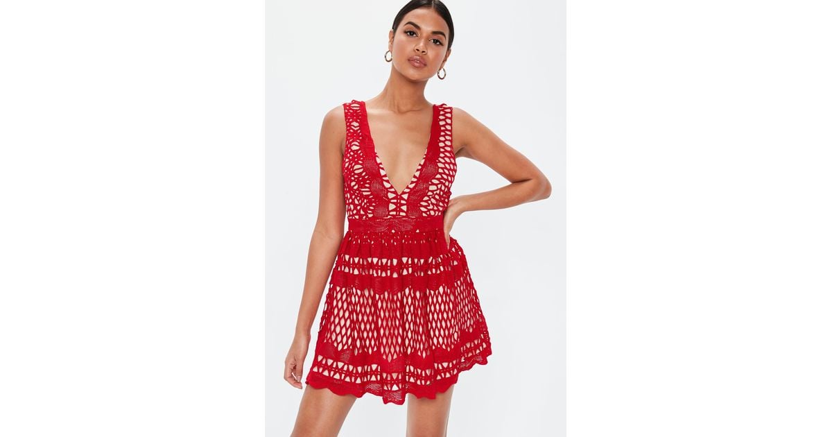 red plunge skater dress