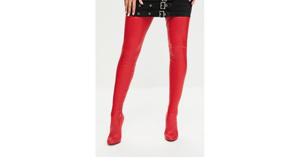 red flat thigh high boots