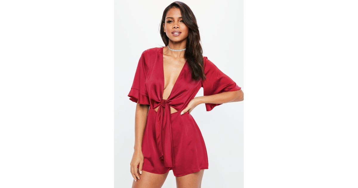 red satin tie front kimono sleeve playsuit