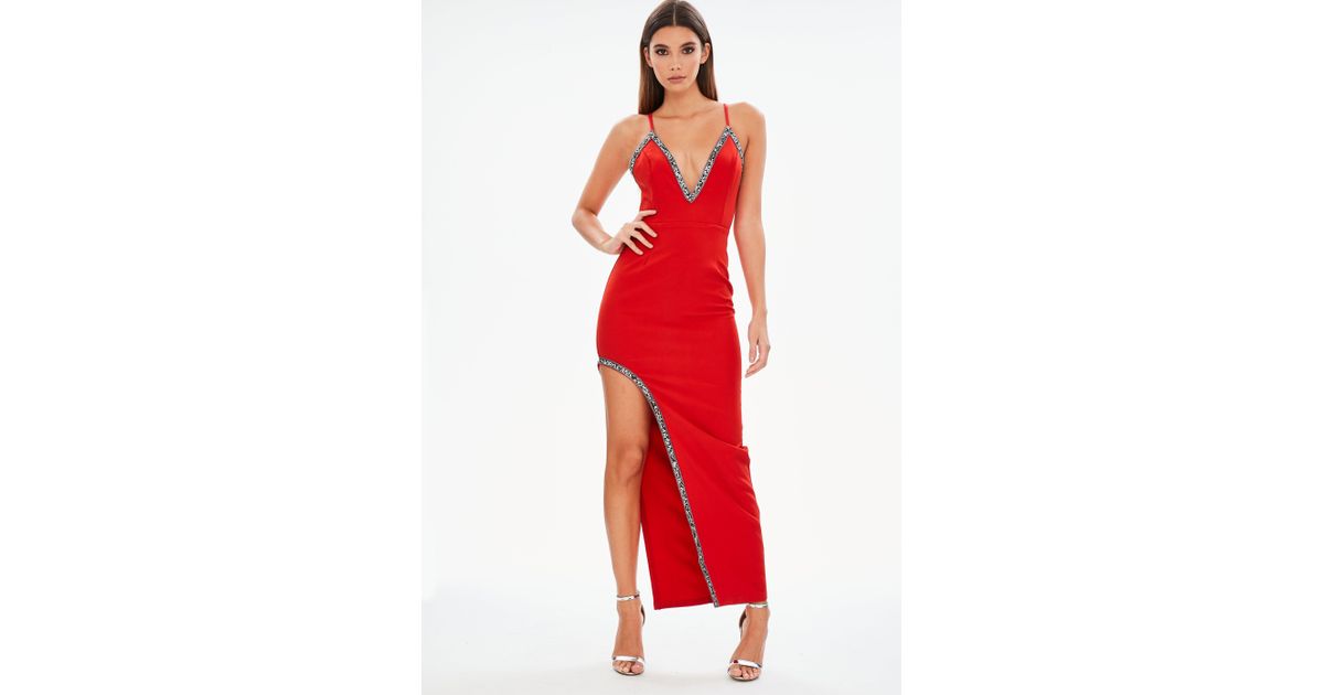 red plunge maxi dress