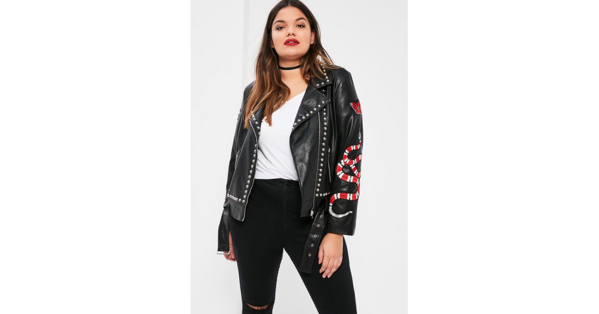 Missguided Plus Size Black Faux Leather Badge Studded Biker Jacket Lyst