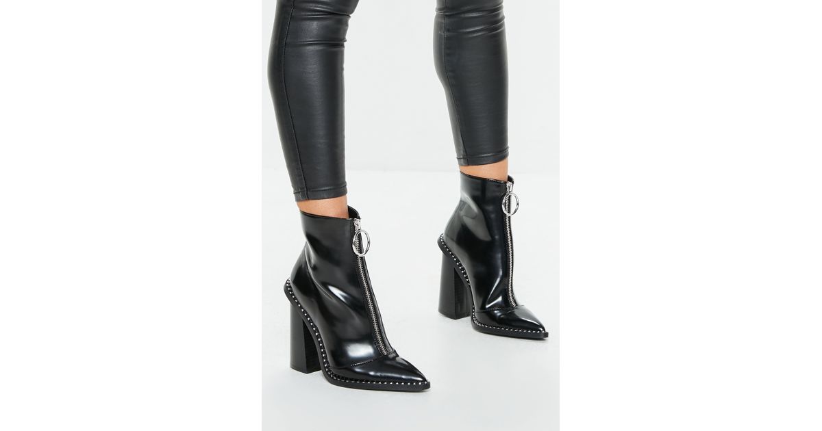 black ring pull zip front patent ankle boot