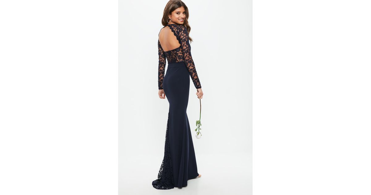 bridesmaid navy halterneck lace insert fishtail dress