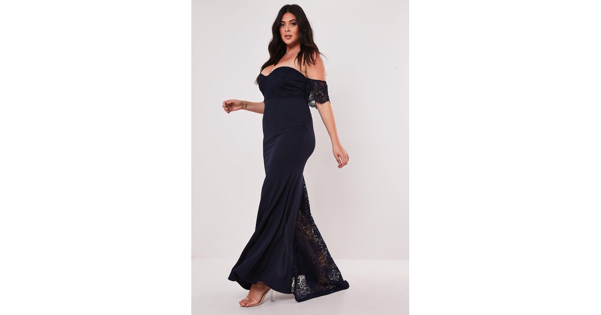 bridesmaid navy bardot lace insert fishtail maxi dress