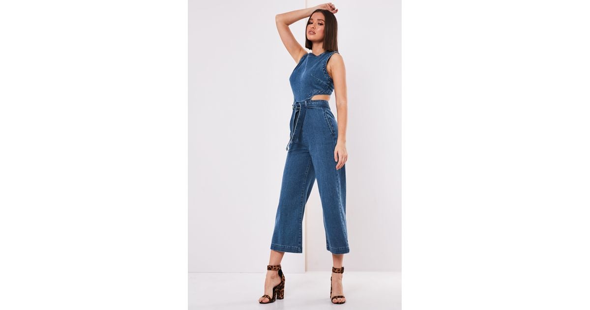 missguided cut out denim jumpsuit in blue