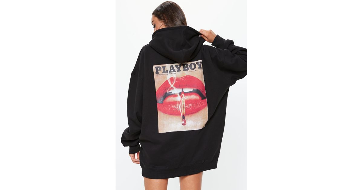 Lyst - Missguided Playboy X Black Magazine Print Oversized Hoodie Dress in Black