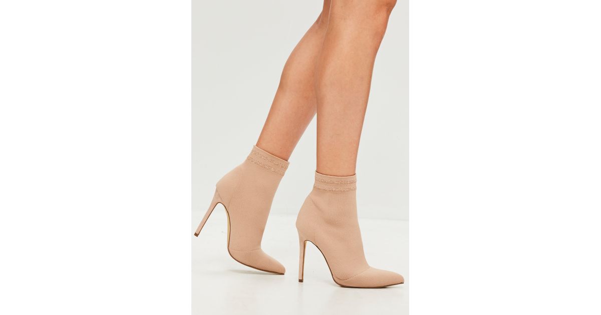 Missguided Carli Bybel X Nude Heeled Sock Boots in Natural