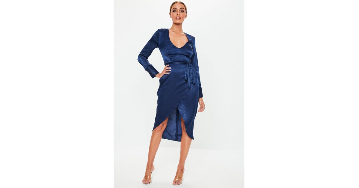 navy satin long sleeve dress