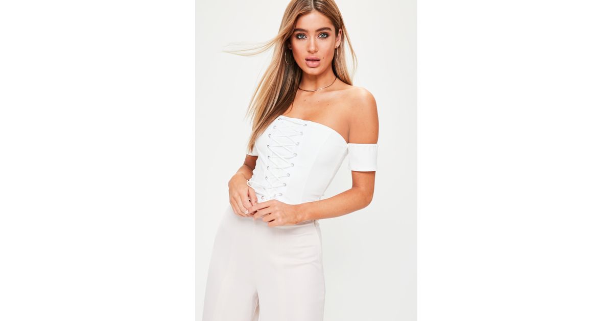 Missguided White Corset Lace Up Bardot Crop Top Lyst