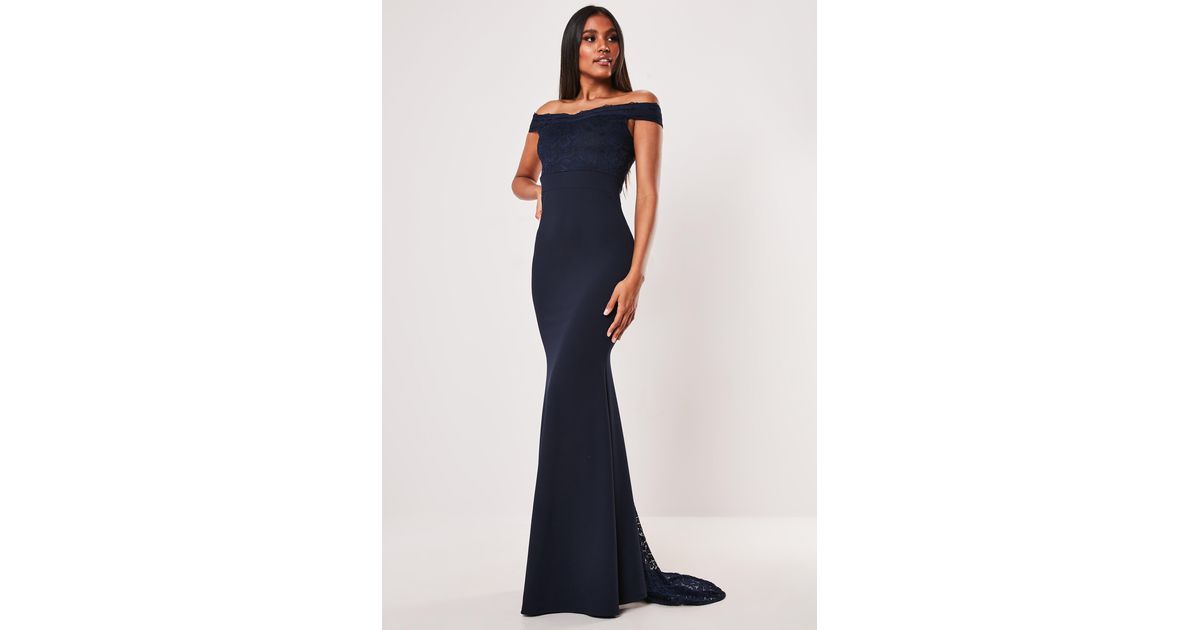 bridesmaid navy bardot lace insert fishtail maxi dress