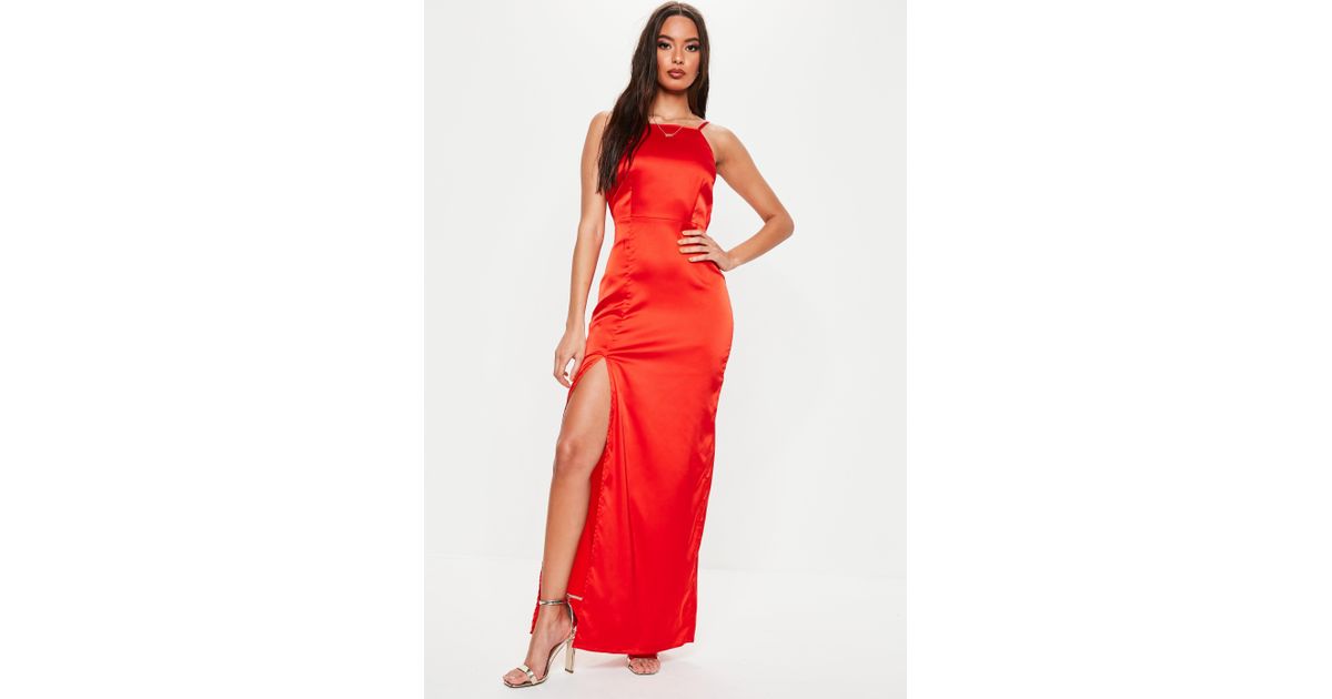 red satin square neck dress
