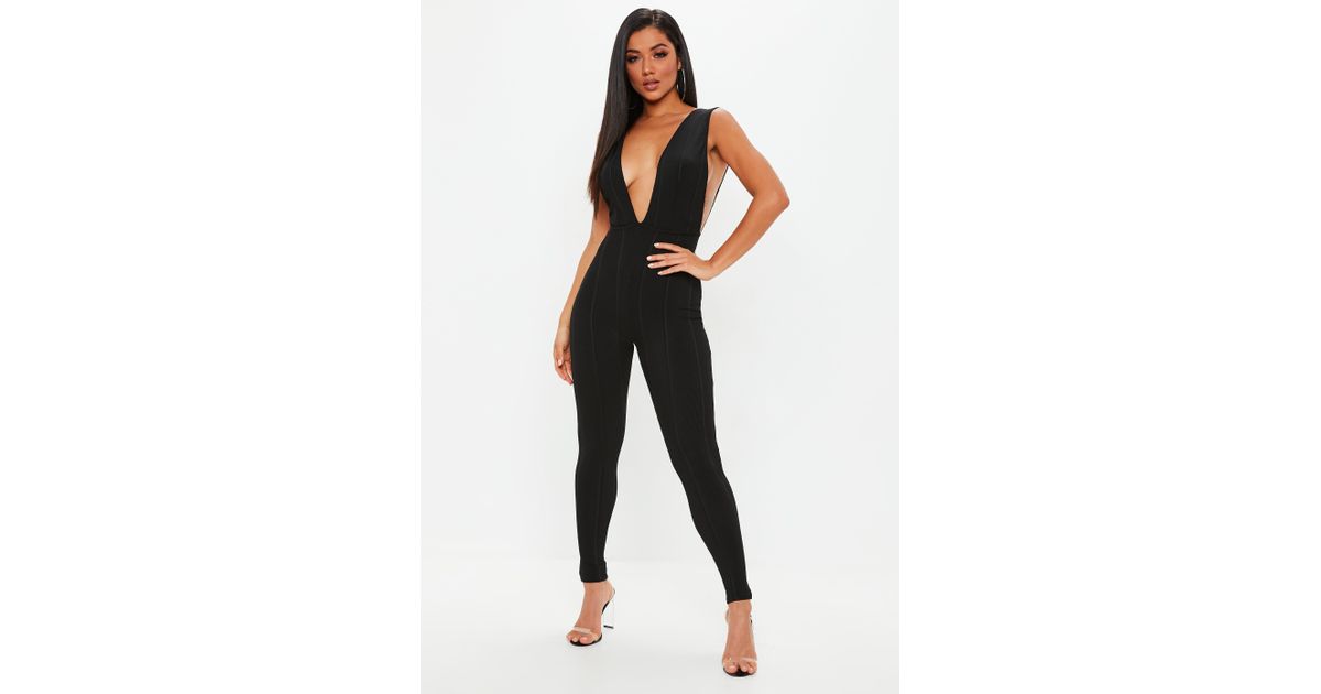 black bandage plunge jumpsuit