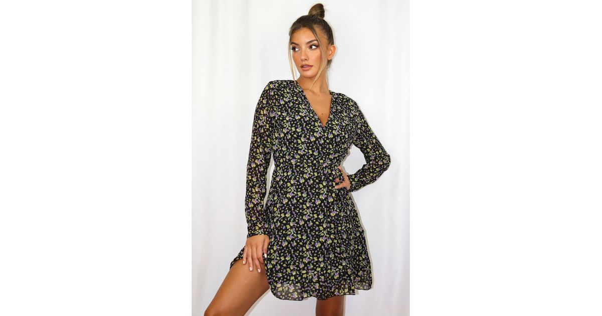missguided floral & polka dot wrap tea dress