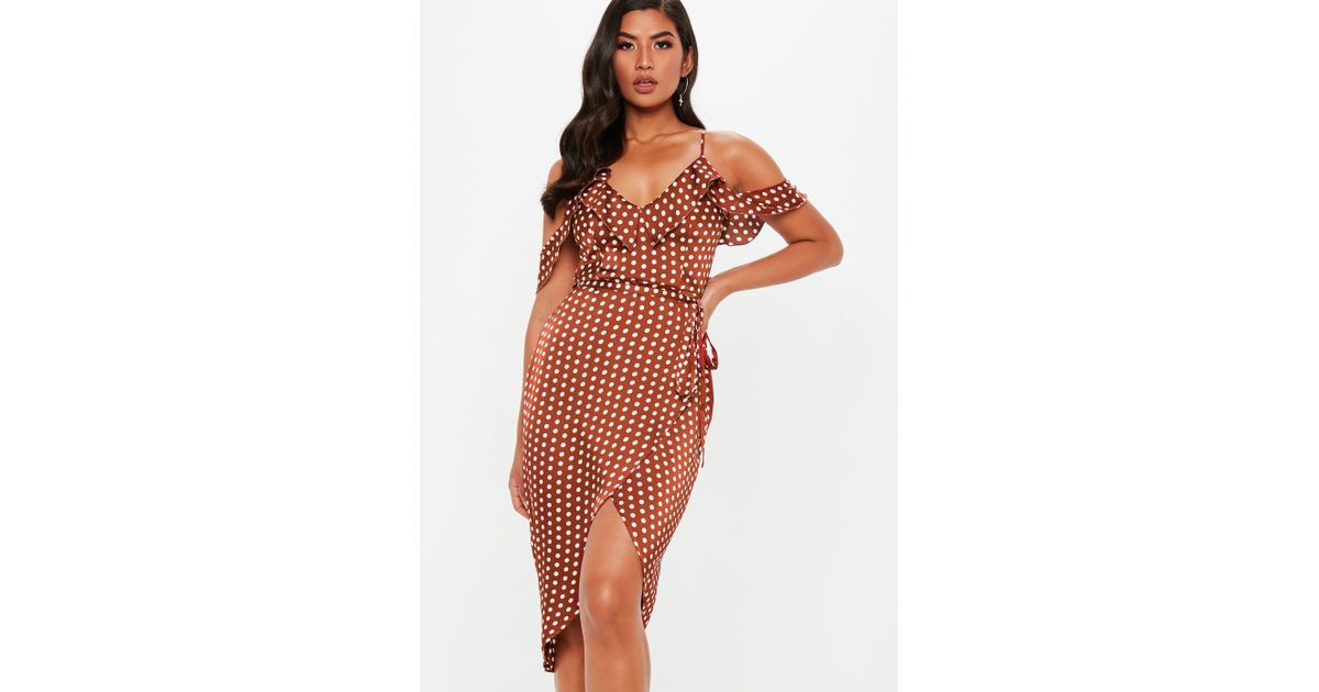 rust spot print satin frill midi tea dress