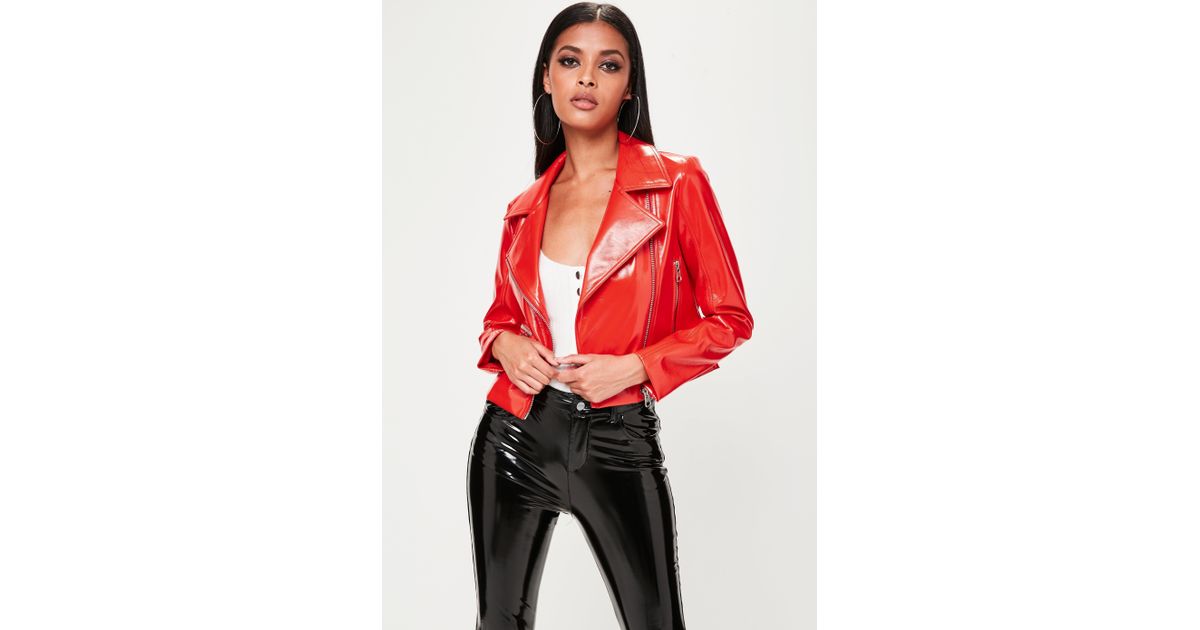 shiny red leather jacket