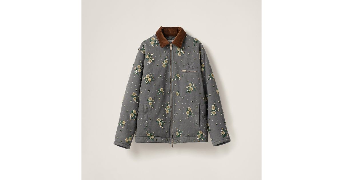 ジャケット MiuMiu | Embroidered garment-dyed gabardine blouson jacket Albino White Embroidered Garment-dyed Gabardine Blouson