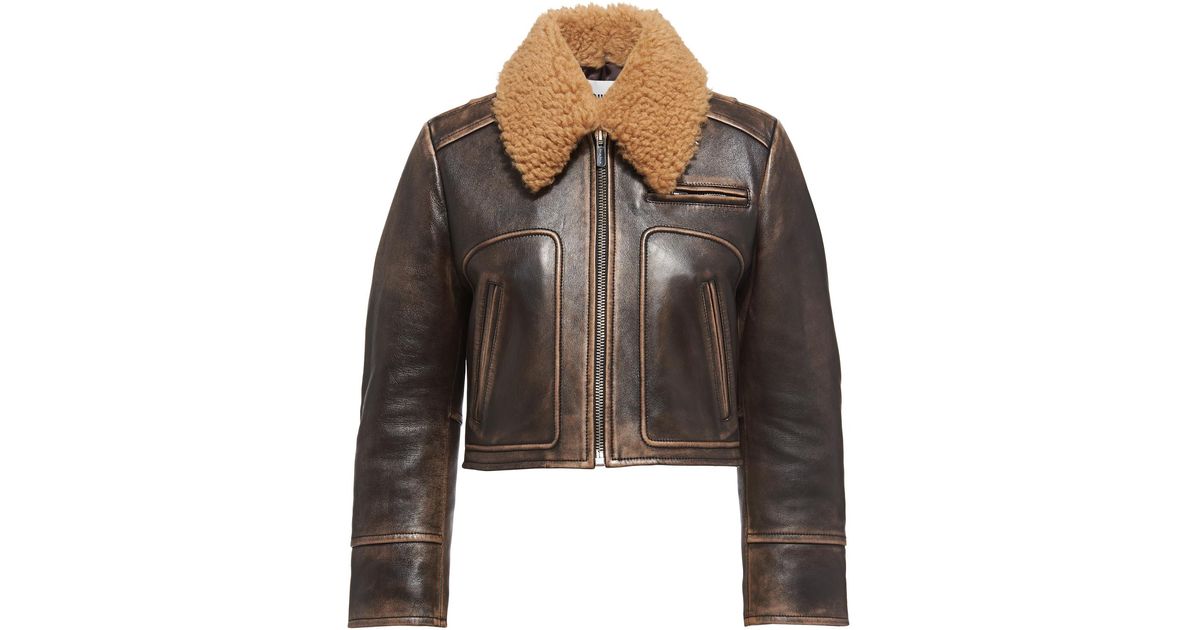 Miu Miu Nappa Jacket With Shearling Collar in Brown | Lyst