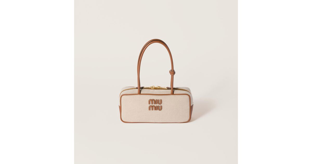 Miu Miu Beau Canvas And Leather Bag in Natural | Lyst Miu Miu Beau Canvas And Leather Bag in Natural | Lyst