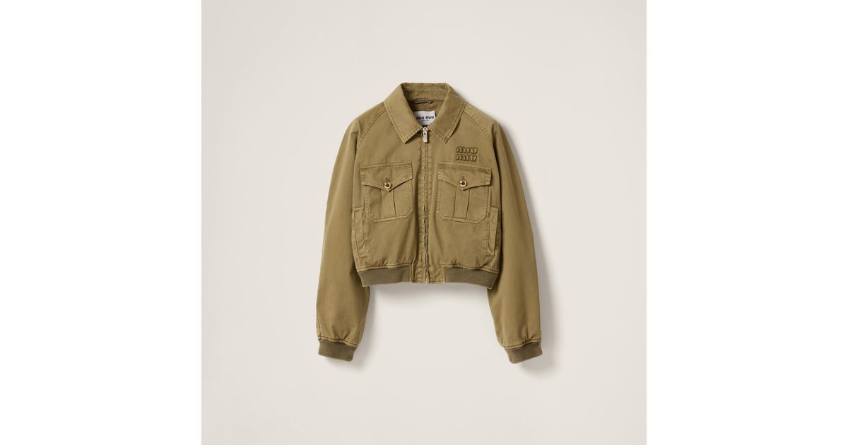 Miu Miu Garment-Dyed Cotton Satin Bomber Jacket in Green