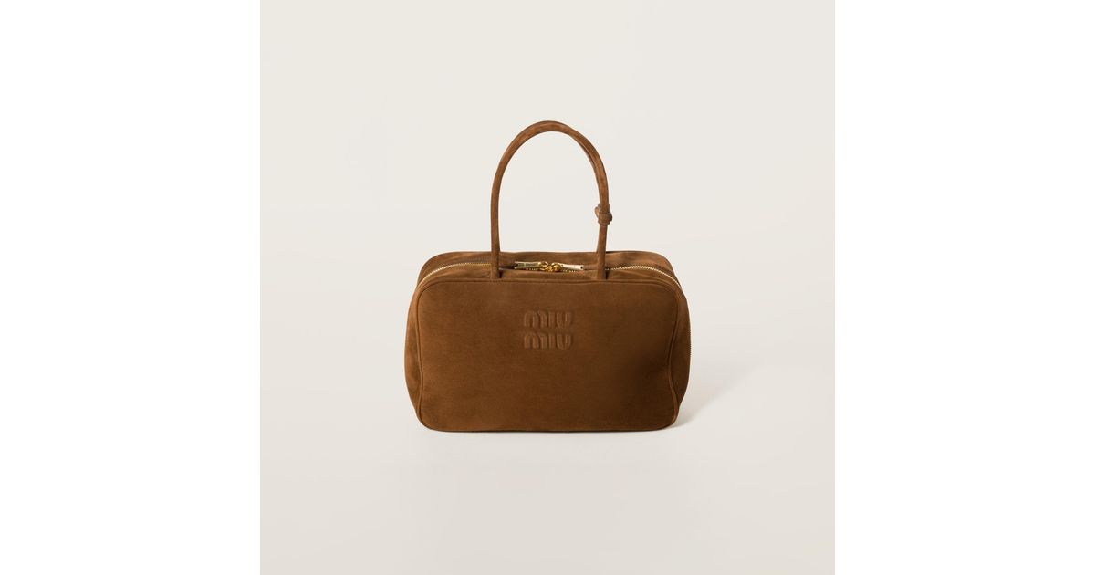 ハンドバッグ MIU MIU BEAU HANDBAG IN SUEDE Miu Miu Beau logo-debossed Suede Bag | Brown | FARFETCH