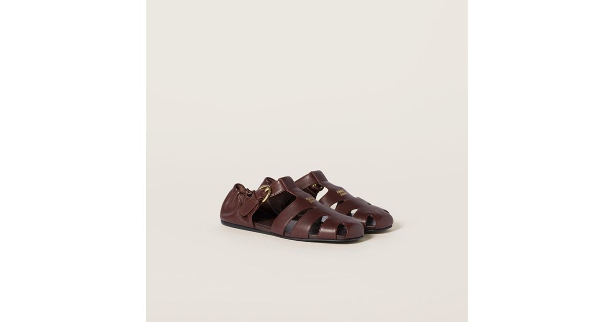 Miu Miu Ruches Nappa Leather Fisherman's Sandals in Brown
