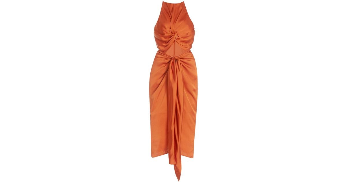 Andrea Iyamah Reni Cutout Twisted Satin Midi Dress in Orange | Lyst