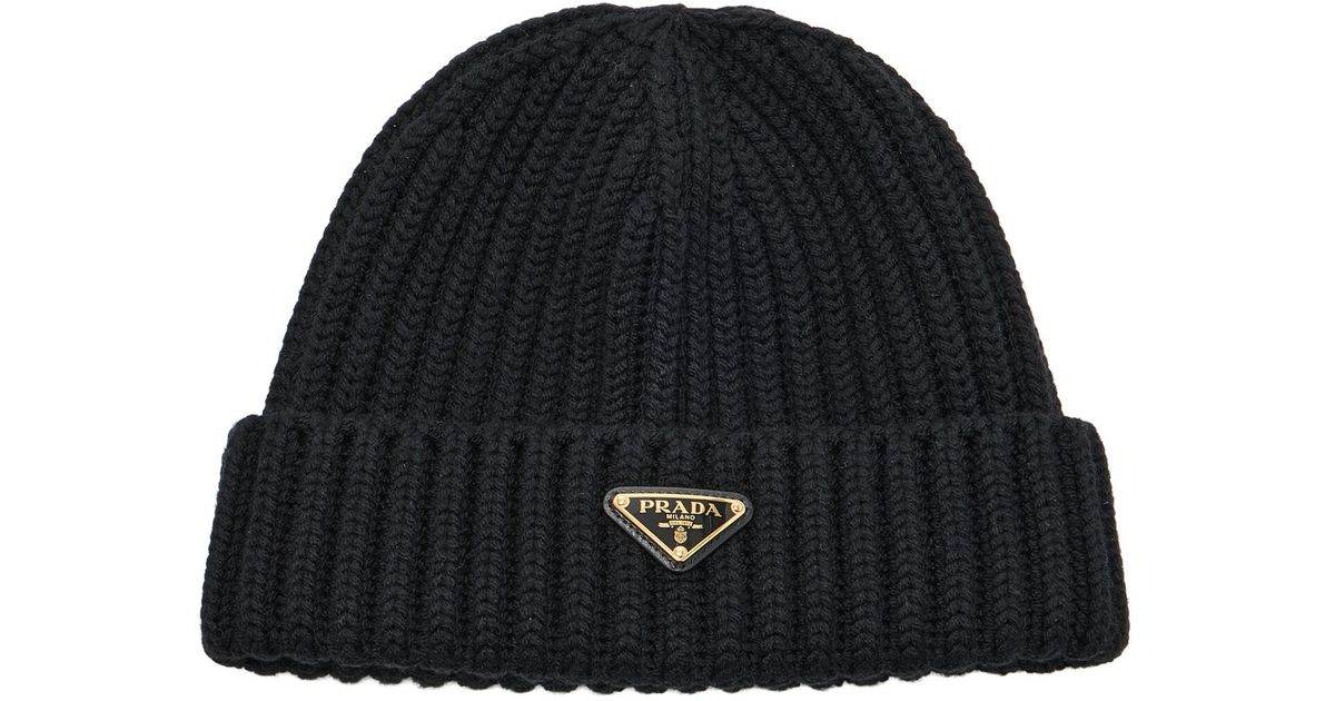 Prada Signature Black Ribbed Hat Prada Black Ribbed Wool Beanie Hat Size M International main image 3