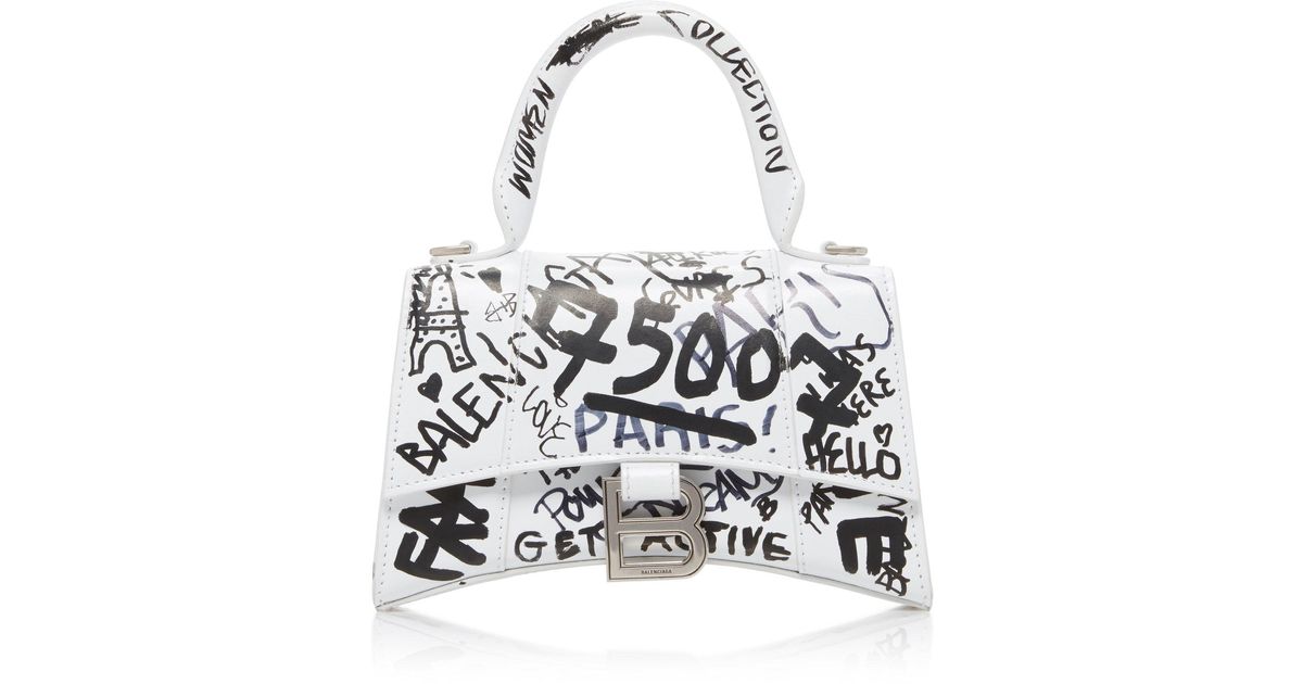 Balenciaga Wo Hourglass Graffiti-print Leather Top Handle Bag - Black White