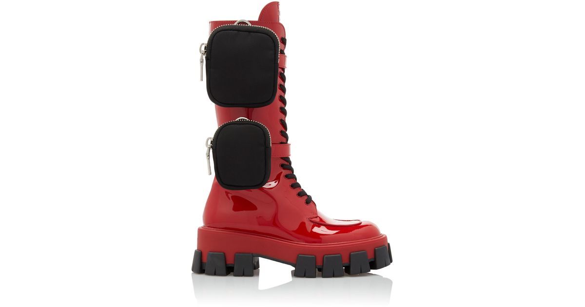 Prada Leather Combat Boots in Red | Lyst