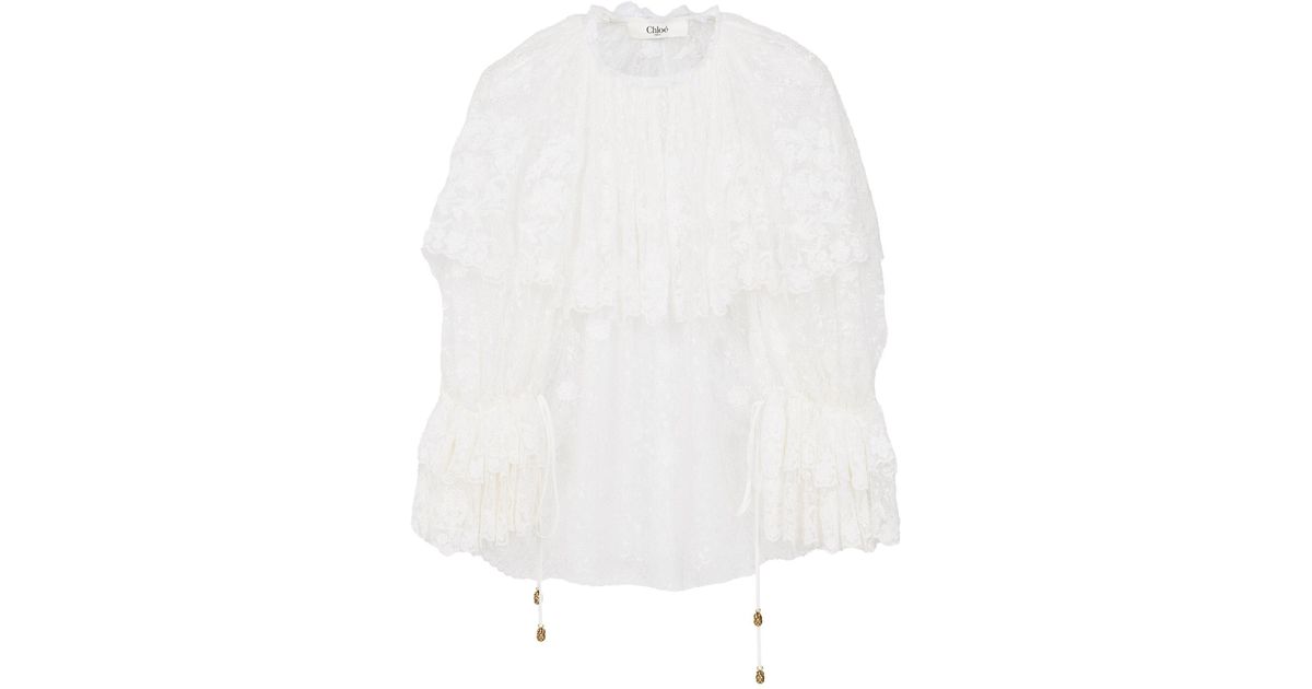 Chloé Ruffled Floral Lace Top in White | Lyst