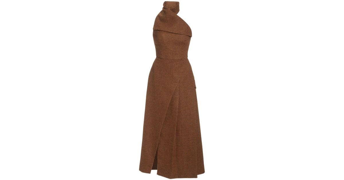 Brandon Maxwell Plaid Wool Midi Halter Dress in Brown Lyst