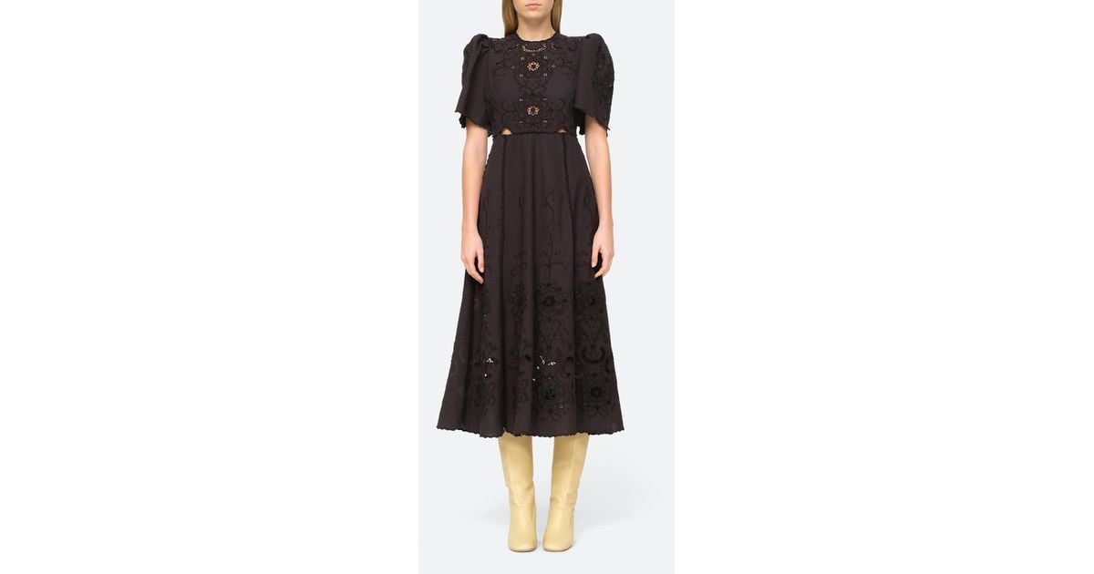 Sea Kiara Embroidered Cotton Midi Dress in Black | Lyst UK