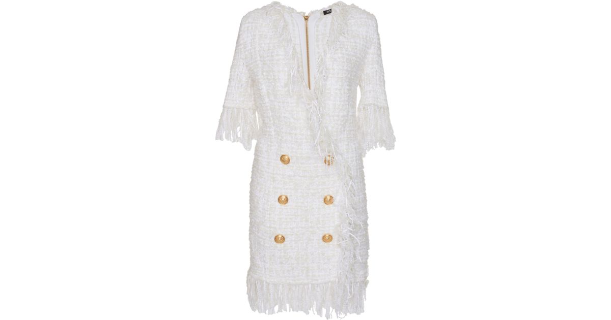 Balmain Fringed Tweed Dress in White | Lyst