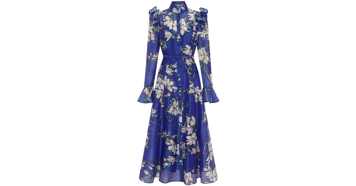 LEO LIN Katrina Butterfly Sleeve Linen-Blend Midi Dress in Blue | Lyst