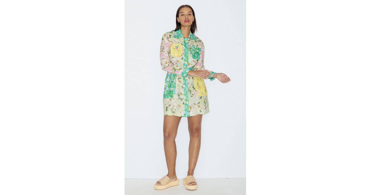 ALÉMAIS Kenzie Patchwork Linen Mini Shirt Dress in Green | Lyst UK