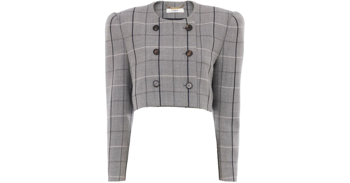 Chloé Cropped Wool Checkered Jacket in Gray | Lyst