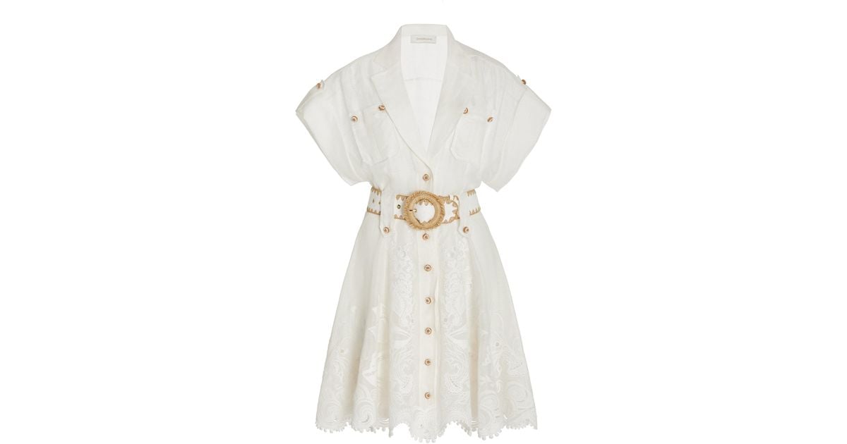 Zimmermann Postcard Belted Broderie Anglaise Cotton Mini Shirt Dress in
