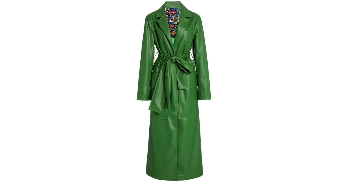 STAUD Ashley Vegan Leather Long Lined Coat in Green | Lyst