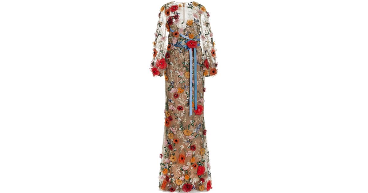 marchesa notte floral appliqud embroidered tulle midi dress Marchesa AppliquD Floral-Print Tulle Midi Dress In Pink - 60% Off