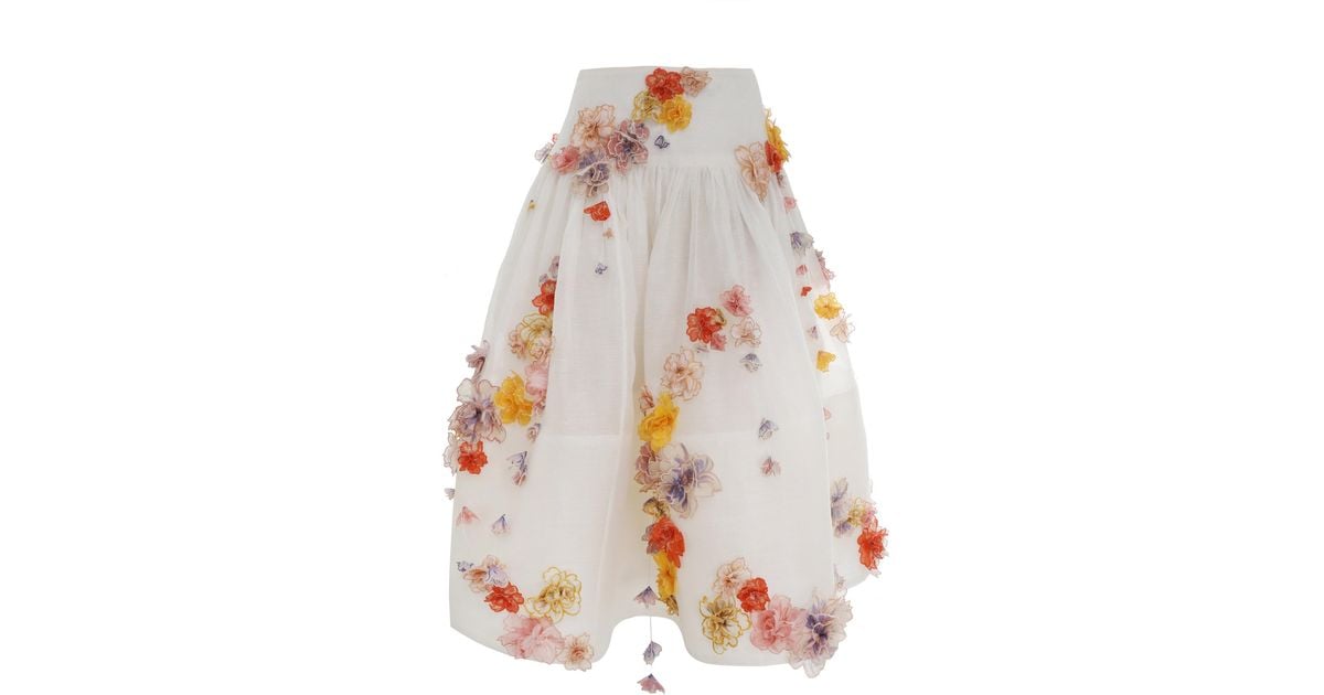Zimmermann Postcard Floralappliqued Linensilk Midi Skirt in White Lyst