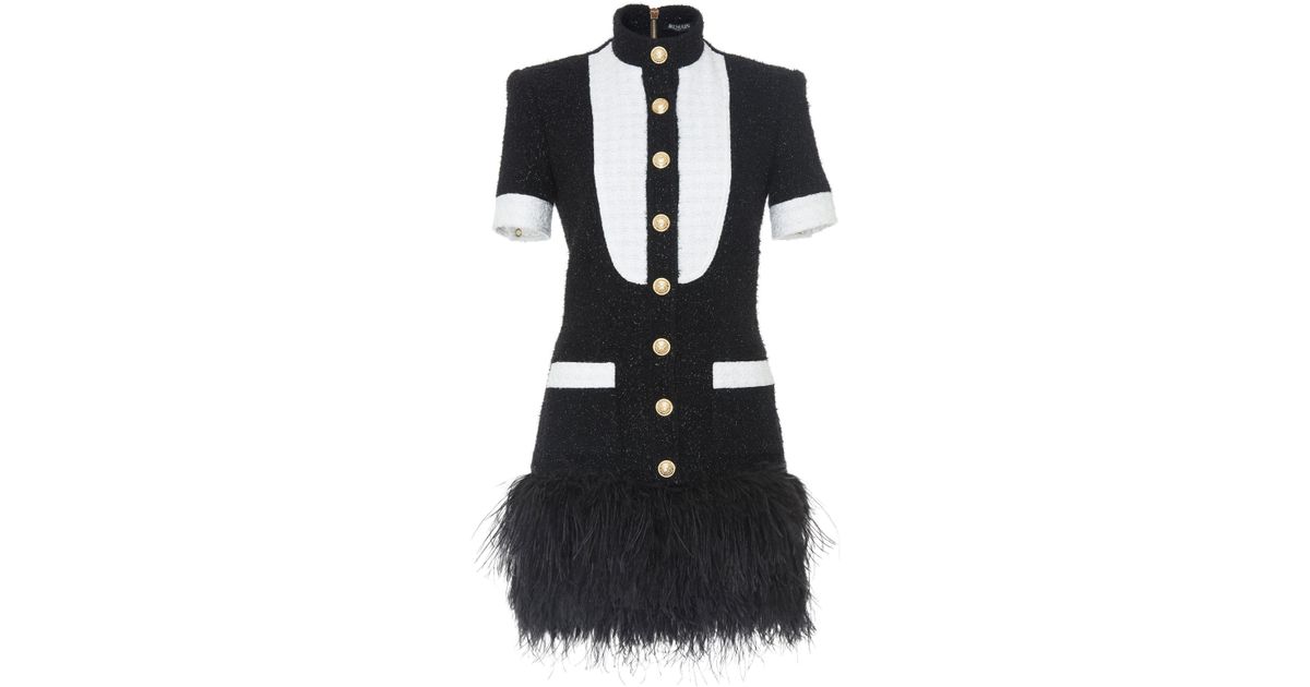 Balmain Feather Hem Tweed Dress in Black | Lyst