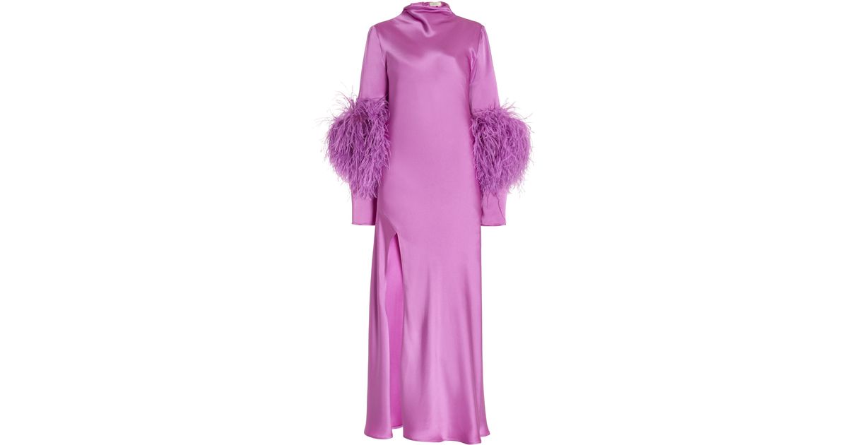 LAPOINTE Ostritch Trim Satin Midi Dress in Pink | Lyst