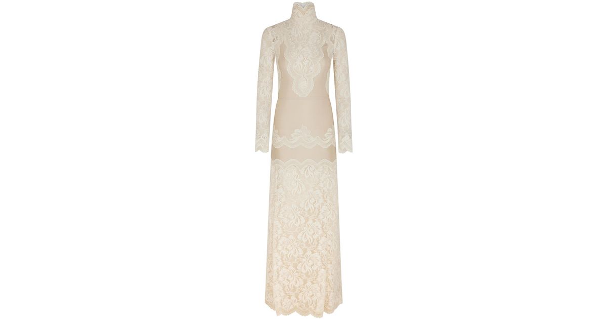 Rabanne Lace-paneled Satin Maxi Dress in Natural | Lyst