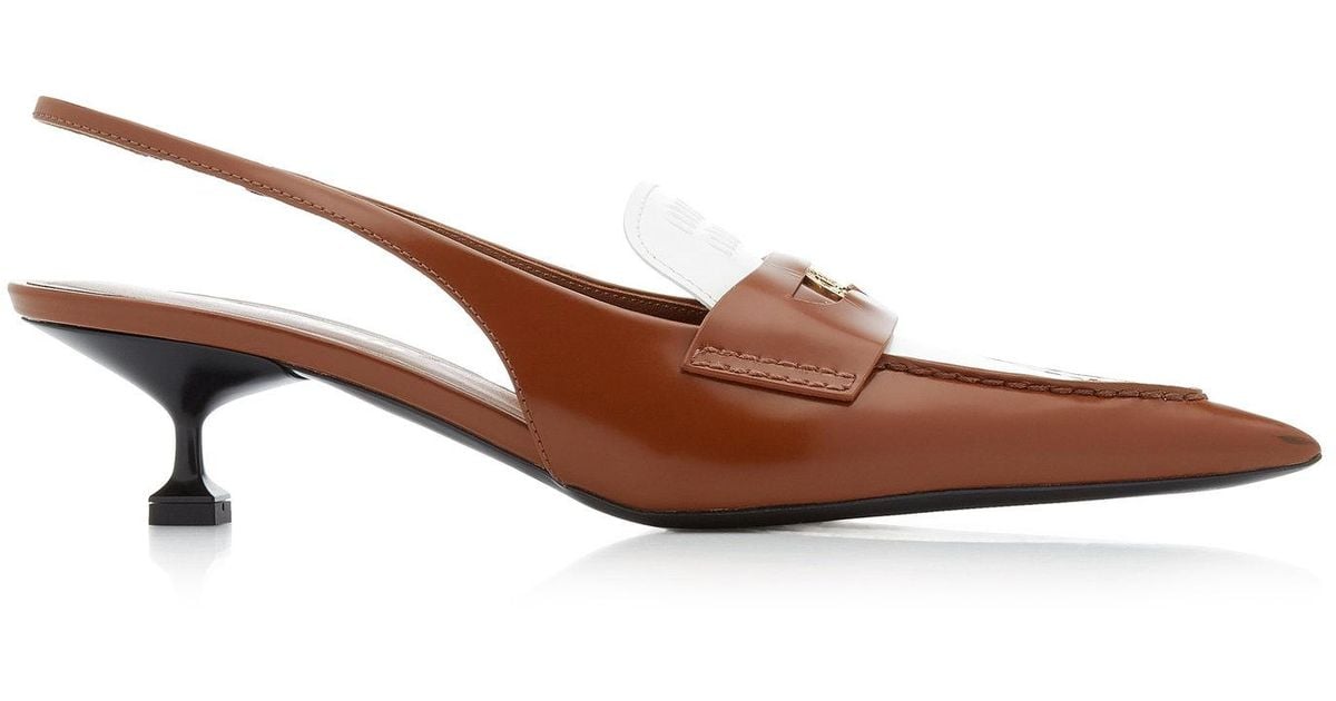 Miu Miu Leather Slingback Penny Loafers in Brown | Lyst