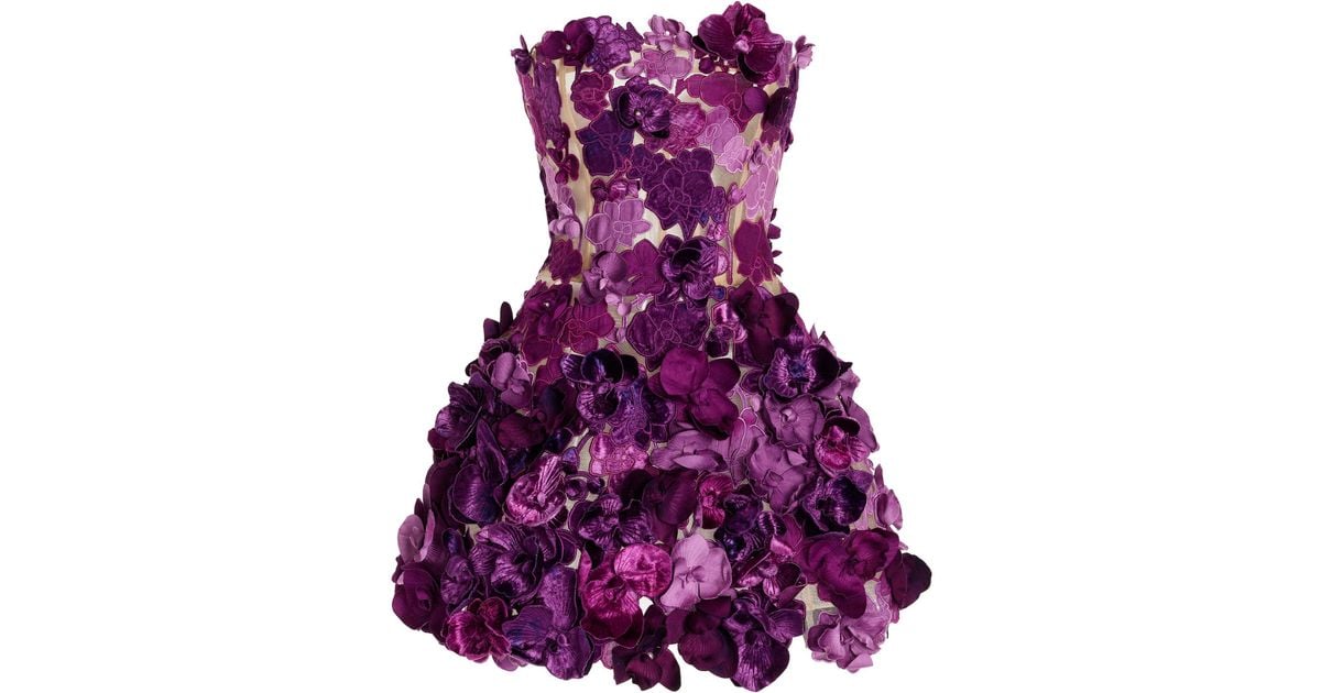 oscar de la renta orchid embroidered cocktail dress Oscar de la Renta Orchid Strapless Cocktail Dress