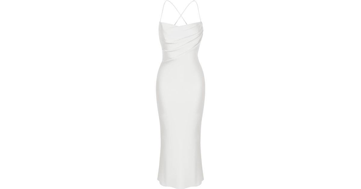 white satin midi slip dress